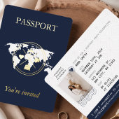 Gold & Navy Blue Passport Unieke Verjaardagsfoto Folie Uitnodiging
