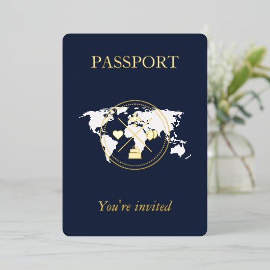 Gold & Navy Blue Passport Unieke Verjaardagsfoto Folie Uitnodiging (Staand Voorkant)