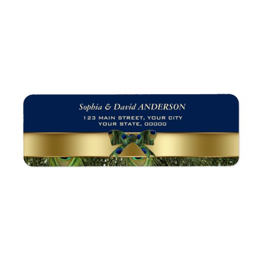 Gold Navy Blue Peacock Feathers Wedding Address Etiket (Voorkant)