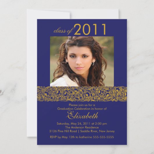 Gold & Navy Blue Photo Afstuderen Invitation Kaart (Voorkant)