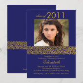 Gold & Navy Blue Photo Afstuderen Invitation Kaart (Voorkant / Achterkant)
