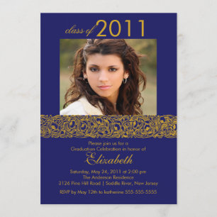 Gold & Navy Blue Photo Afstuderen Invitation Kaart