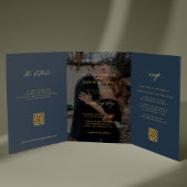 Gold navy blue photo wedding RSVP details QR code  Drieluik Uitnodiging
