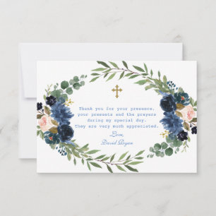 Gold Navy Blue Pink Floral Wreath Boy Dedication Bedankkaart
