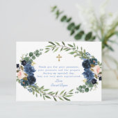 Gold Navy Blue Pink Floral Wreath Boy Dedication Bedankkaart (Staand voorkant)