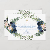 Gold Navy Blue Pink Floral Wreath Boy Dedication Bedankkaart (Voorkant / Achterkant)