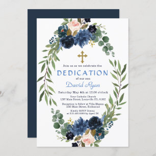 Gold Navy Blue Pink Floral Wreath Dedication Kaart