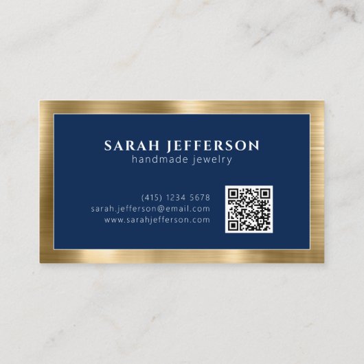 Gold Navy Blue Professional Metallic Elegant QR Visitekaartje (Achterkant)