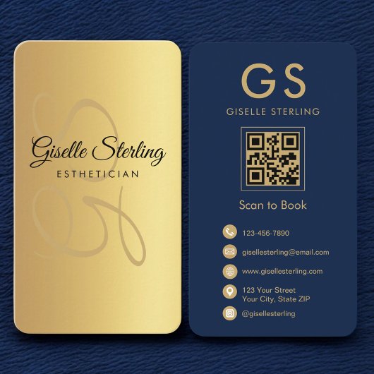 Gold Navy Blue QR Code Esthetician Monogram Visitekaartje