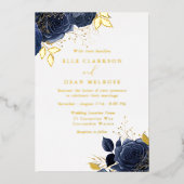 Gold & Navy Blue Rozen Wedding Real Golden Folie Uitnodiging (Voorkant)