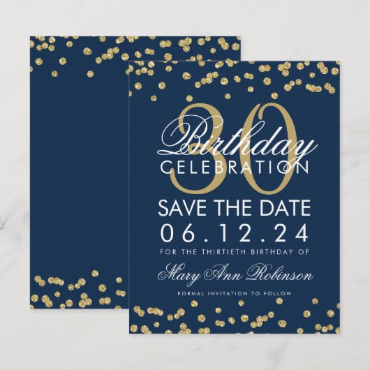 Gold Navy Blue Save Date 30th Birthday Confetti Save The Date (Voorkant / Achterkant)