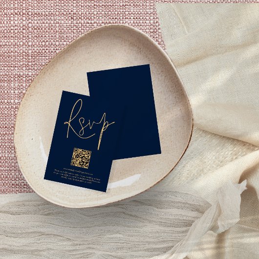 Gold Navy Blue Script Qr Code Wedding RSVP Kaart