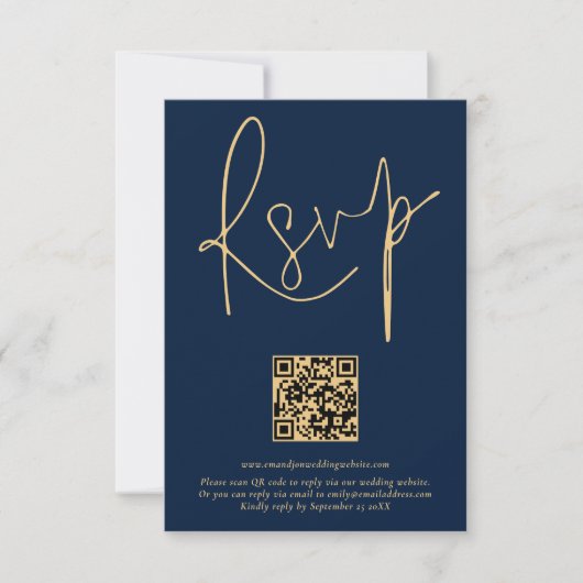 Gold Navy Blue Script Qr Code Wedding RSVP Kaart (Voorkant)