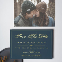 Gold Navy Blue Simple Elegant Photo Save Date Folie Uitnodiging