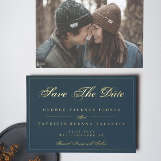Gold Navy Blue Simple Elegant Photo Save Date Folie Uitnodiging