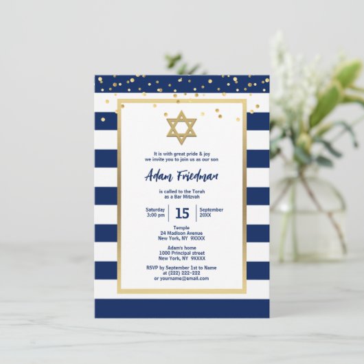 Gold Navy Blue Stripes & Star David | Bar Mitzvah Kaart (Staand voorkant)