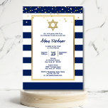 Gold Navy Blue Stripes & Star David | Bar Mitzvah Kaart<br><div class="desc">Elegant en modern Bar Mitzvah-ontwerp met faux gouden confetti en marineblauw en witte strepen achtergrond. De gouden ster van David. Joodse feestelijke ritueel voor een doorgang / oud ritueel in jodendom voor een jongen. Faux Gold folie en confetti. Al tekst kan met doopvont en grootte worden uitgegeven. Vergeet niet om...</div>