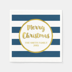 Gold Navy Blue Stripes Vrolijk Kerstservet Servet