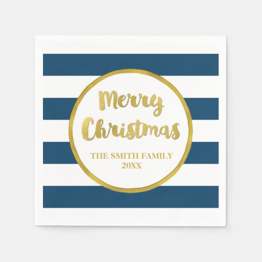 Gold Navy Blue Stripes Vrolijk Kerstservet Servet (Voorkant)