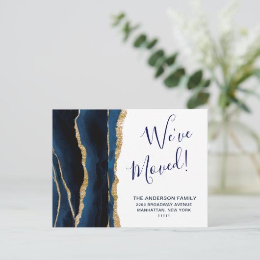 Gold Navy Blue Waterverf Beweging Aankondiging Briefkaart (Staand voorkant)