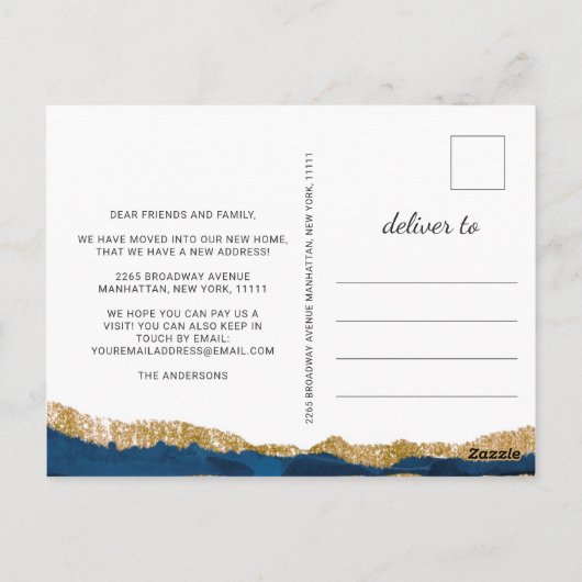 Gold Navy Blue Waterverf Beweging Aankondiging Briefkaart (Achterkant)