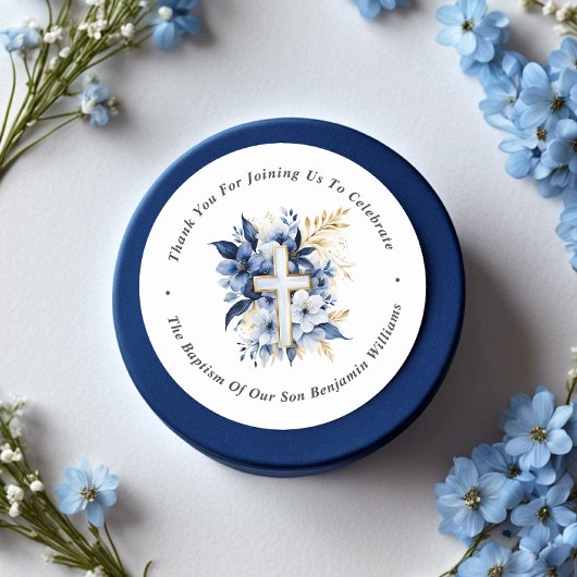 Gold & Navy Blue Waterverf Doop Dank u Ronde Sticker