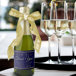 Gold & Navy Blue Wedding Mini Sparkling Wijnetiket