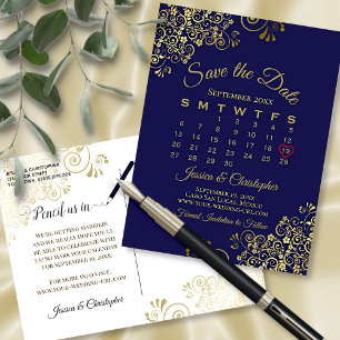 Gold & Navy Blue Wedding Save the Date Calendar Aankondigingskaart