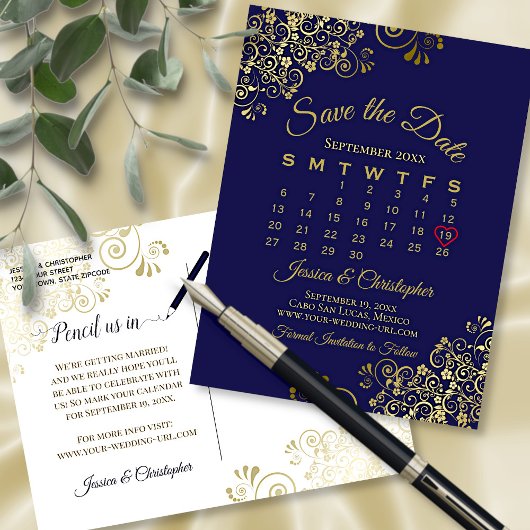 Gold & Navy Blue Wedding Save the Date Calendar Aankondigingskaart