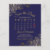 Gold & Navy Blue Wedding Save the Date Calendar Aankondigingskaart (Voorkant)
