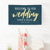 Gold Navy Blue Welcome Script Weddenbank Spandoek (Insitu)