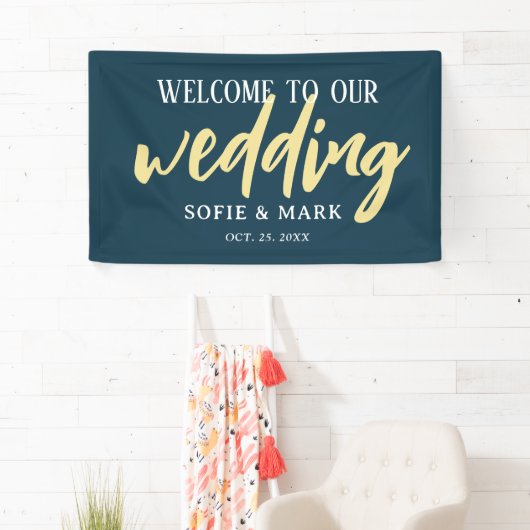 Gold Navy Blue Welcome Script Weddenbank Spandoek (Insitu)
