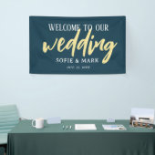 Gold Navy Blue Welcome Script Weddenbank Spandoek (Beurs)