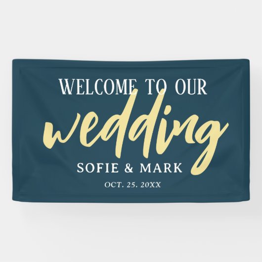 Gold Navy Blue Welcome Script Weddenbank Spandoek (Horizontaal)