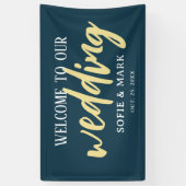 Gold Navy Blue Welcome Script Weddenbank Spandoek (Verticaal)