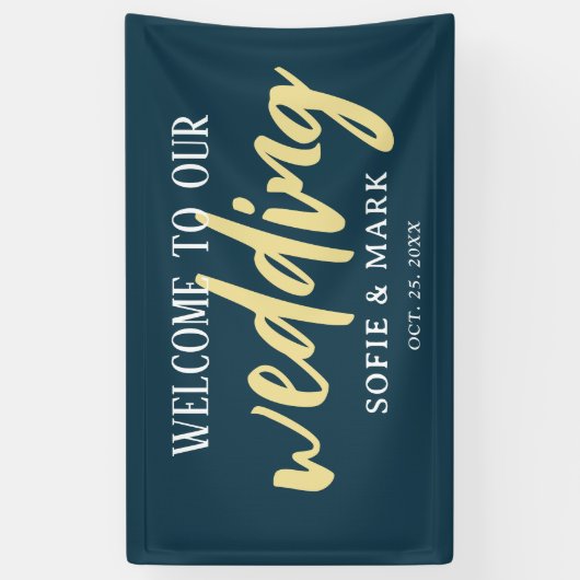 Gold Navy Blue Welcome Script Weddenbank Spandoek (Verticaal)