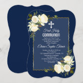 Gold Navy Blue White Roses First Heilige Communie Kaart (Voorkant / Achterkant)