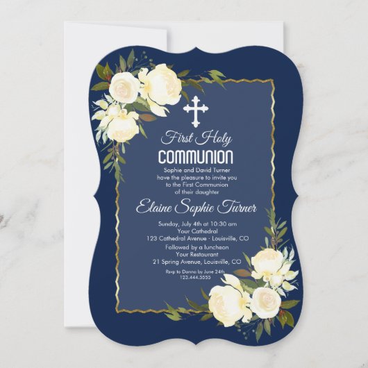 Gold Navy Blue White Roses First Heilige Communie Kaart (Voorkant)