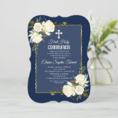 Gold Navy Blue White Roses First Heilige Communie Kaart (Staand voorkant)