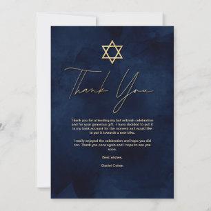 Gold Navy Blue White Waterverf Bar Mitzvah Bedankkaart