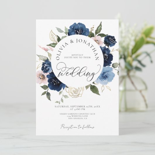 Gold Navy Blush Alles in 1 Budget QR Code Trouwen Kaart (Staand voorkant)