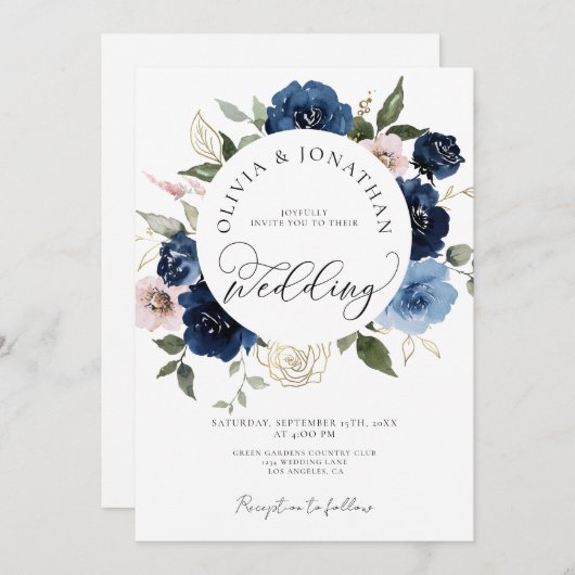 Gold Navy Blush Alles in 1 Budget QR Code Trouwen Kaart (Voorkant / Achterkant)