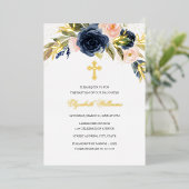 Gold Navy Blush Floral Girl Baptisme Folie Uitnodiging (Staand Voorkant)