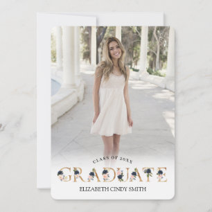 Gold Navy Blush Floral Letter Afstuderen Foto Kaart