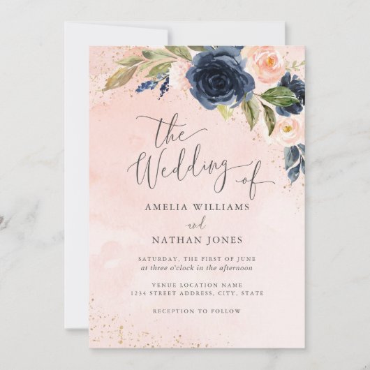 Gold Navy Blush Sparkle Bloemen Waterverf bruiloft Kaart (Voorkant)