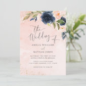 Gold Navy Blush Sparkle Bloemen Waterverf bruiloft Kaart (Staand voorkant)