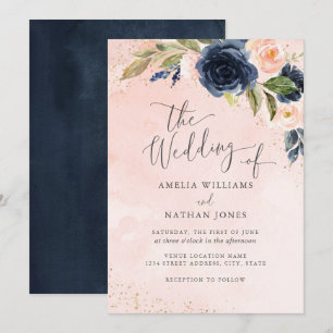 Gold Navy Blush Sparkle Bloemen Waterverf bruiloft Kaart