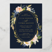 Gold Navy Blush Wedding Bloemen Bloemen Folie Uitnodiging (Voorkant)