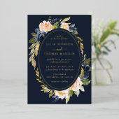 Gold Navy Blush Wedding Bloemen Bloemen Folie Uitnodiging (Staand Voorkant)