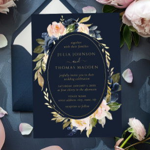 Gold Navy Blush Wedding Bloemen Bloemen Folie Uitnodiging